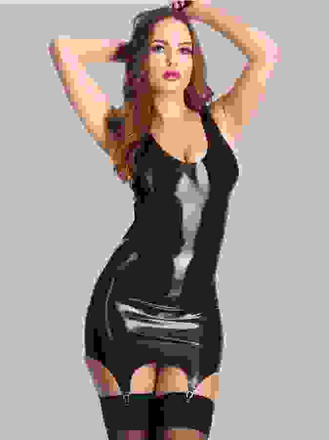Rubber Girl Latex Wear Mini Dress with Garters, Black, hi-res